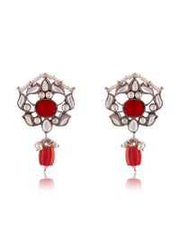 Silver Coral Kundan Earrings with Drop view 3
