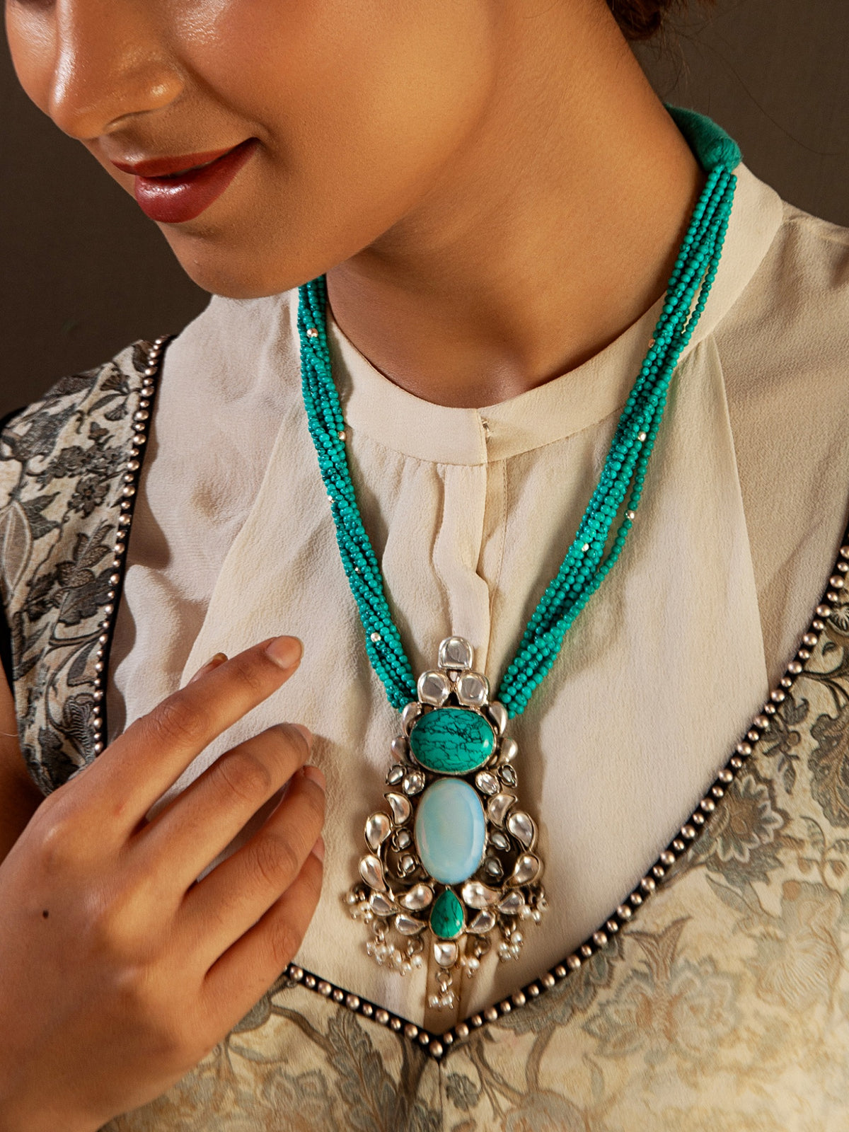 Silver Statement Turquoise Kundan Beaded Necklace view 2