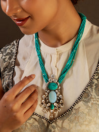 Silver Statement Turquoise Kundan Beaded Necklace view 2