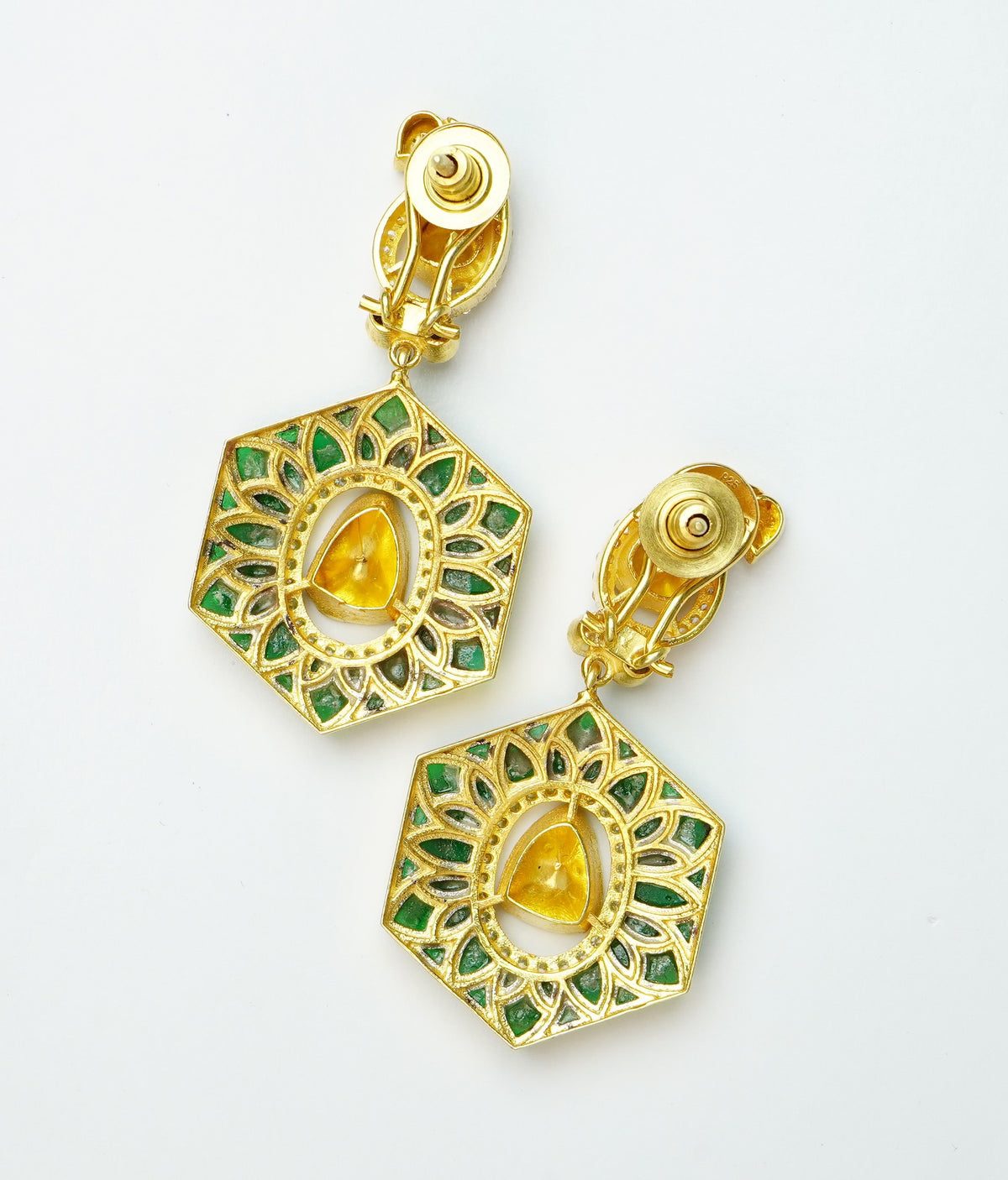 925 Silver Gold Plated Green Paisley Kundan Earrings view 3