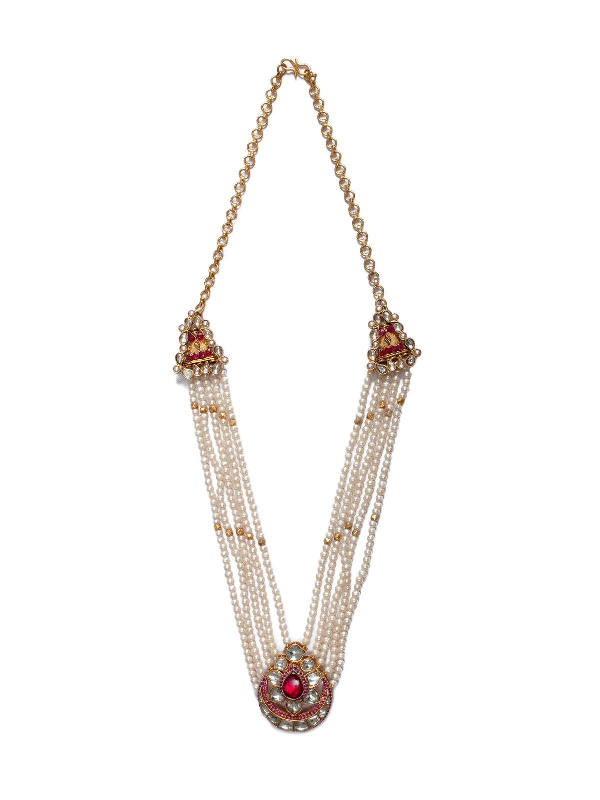 925 Sterling Silver 22K Gold Plated Pearl Beaded Chaandbali Necklace With White and Red Kundan view 6