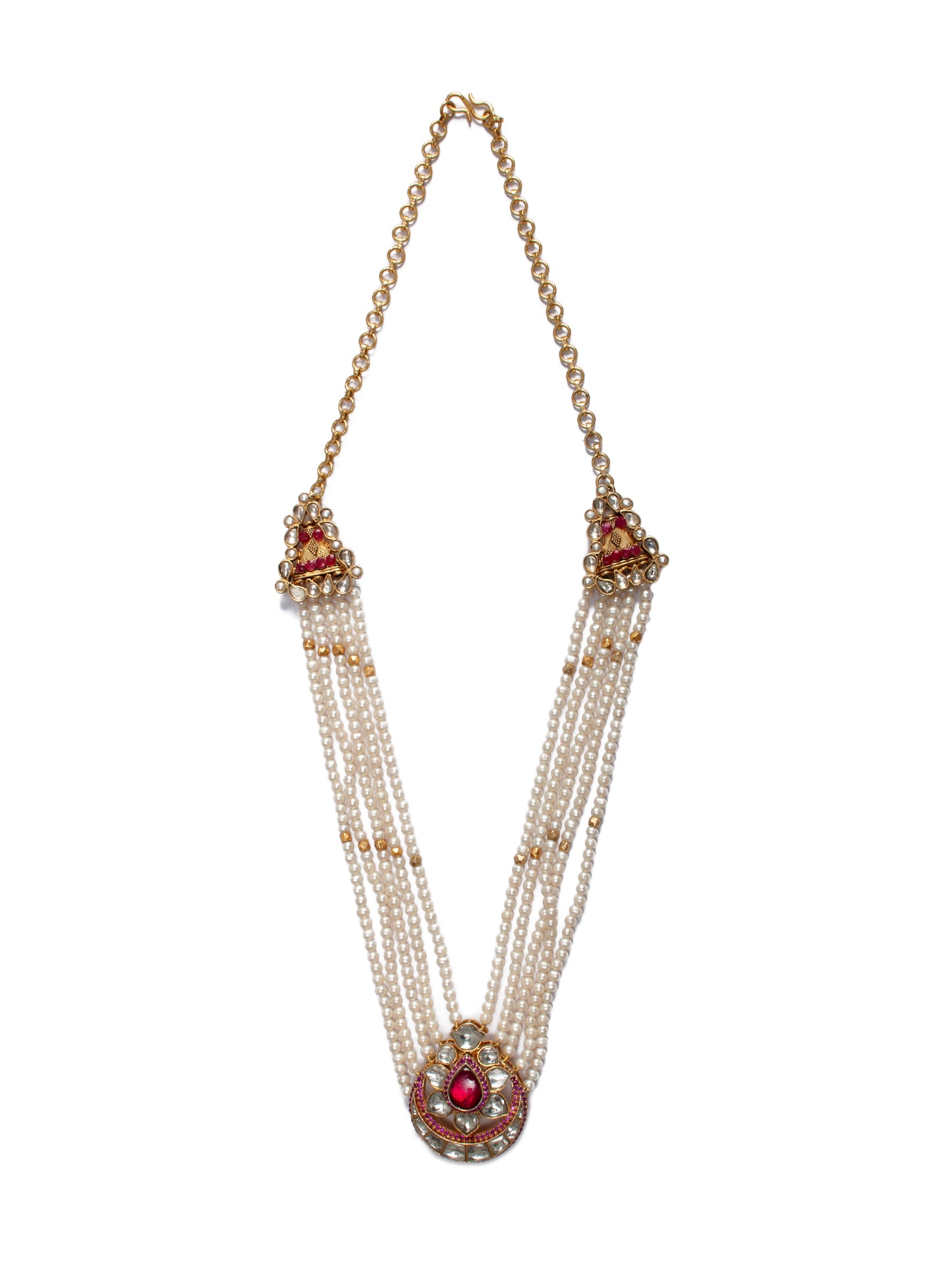 925 Sterling Silver 22K Gold Plated Pearl Beaded Chaandbali Necklace With White and Red Kundan