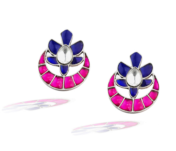 925 Silver Pink and Blue Signature Chandbali Studs
