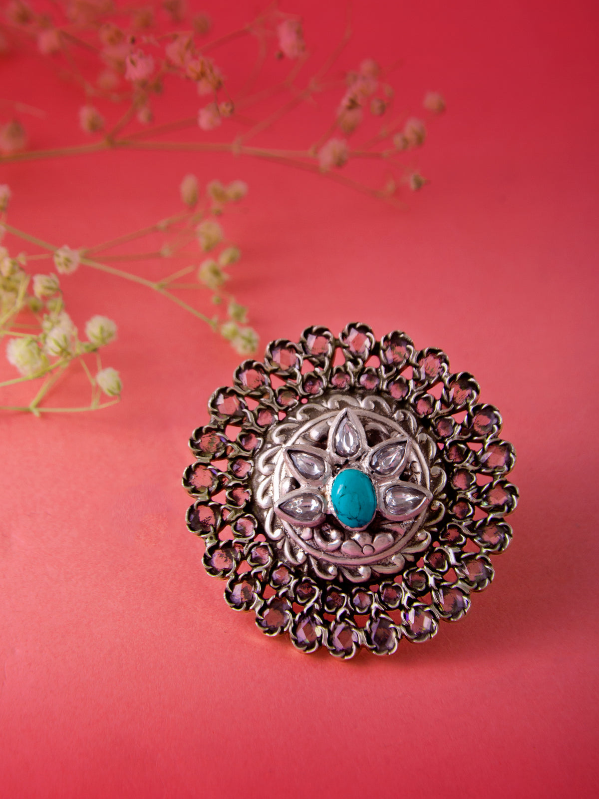 Silver Turquoise and Kundan Adjustable Ring view 1