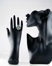 Turquoise Green and Red Meenakari Ring view 1