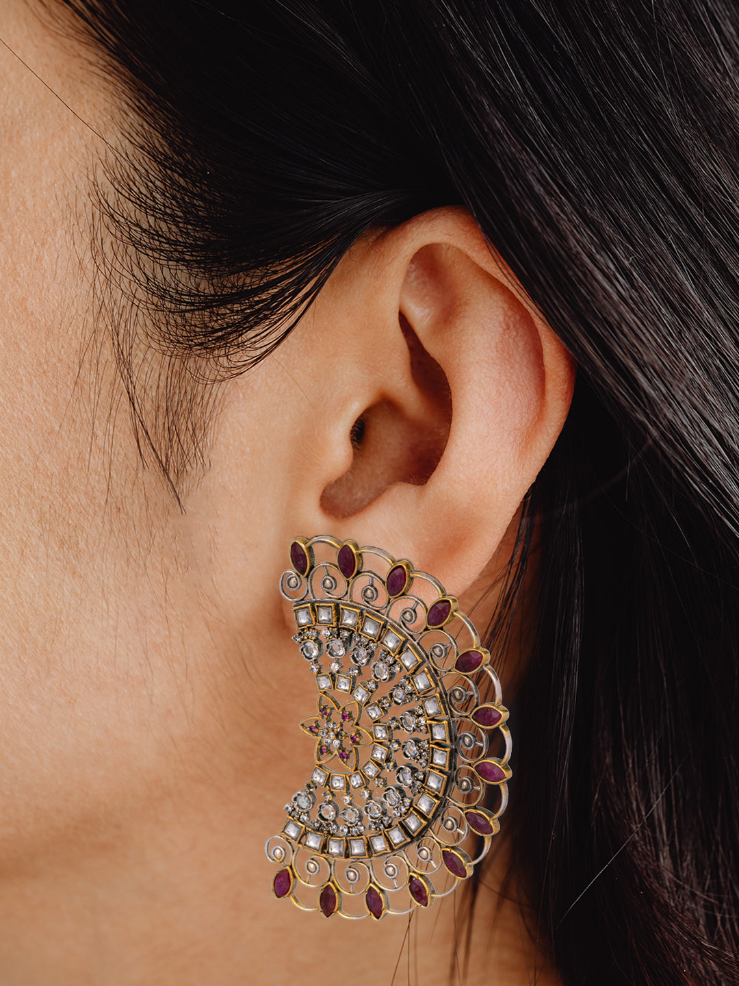 925 Sterling Silver Gold Plated Ruby Earringss/Ear Cuffs view 2