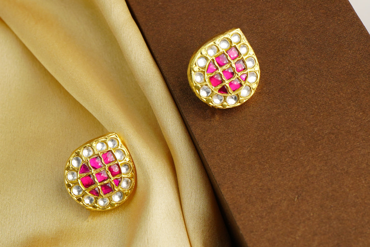 925 Silver Gold Plated White and Red Kundan Paan Studs view 3