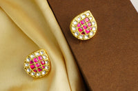 925 Silver Gold Plated White and Red Kundan Paan Studs view 3