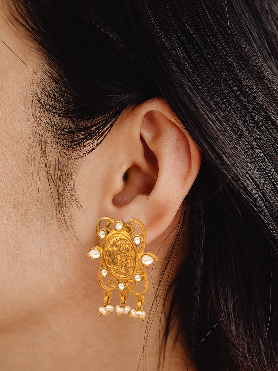 925 Sterling Silver Gold Plated Chitai Earrings with Kundan view 2