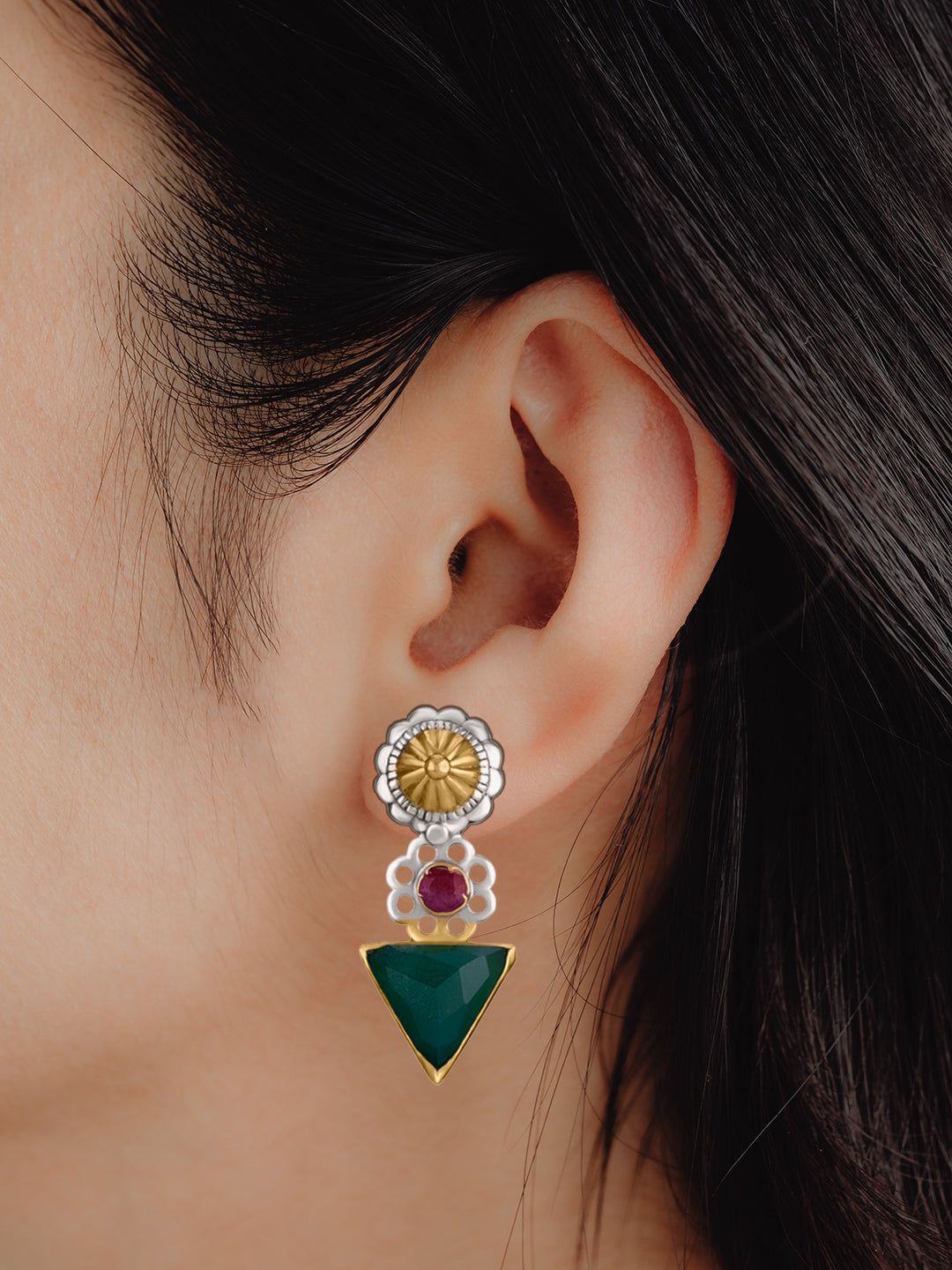 Two Toned Studs with Ruby and Green Onyx view 2