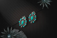 Silver Stud Earrings with Turquoise and Pearls view 3