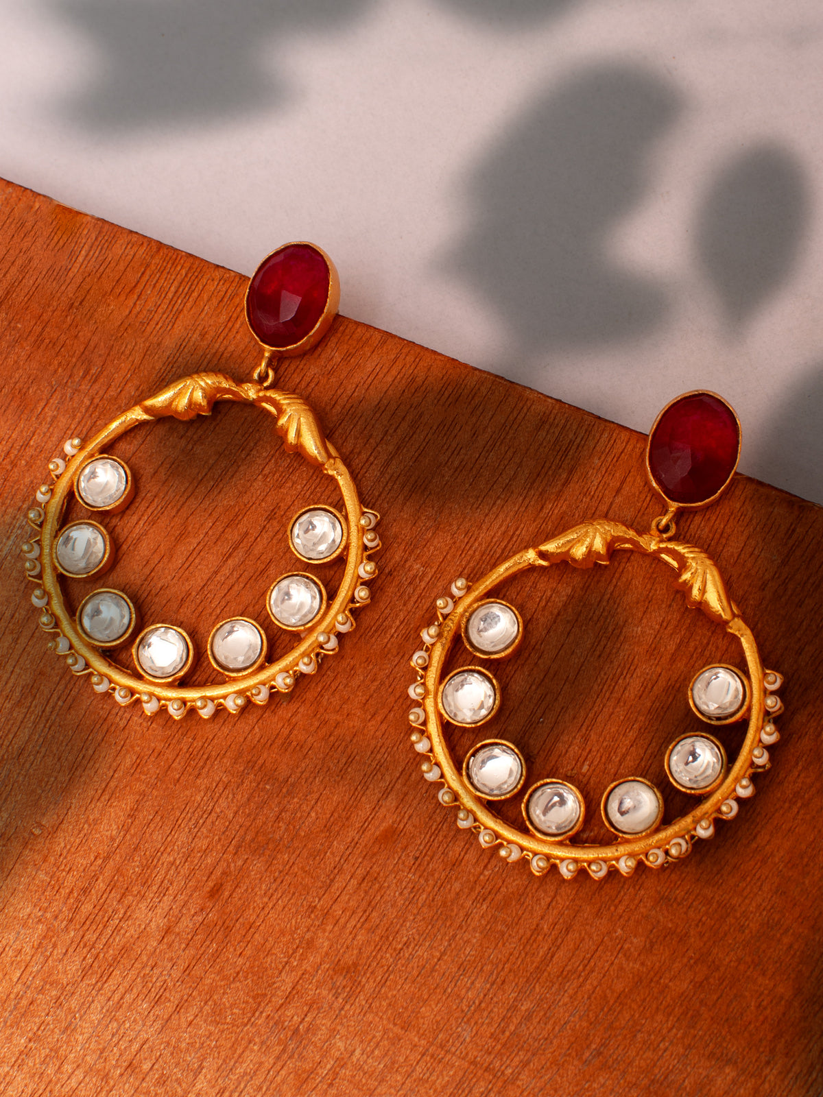 925 Sterling Silver 22K Gold Plated Chaandbali Kundan Earring With Ruby Gemstone and Pearl view 2