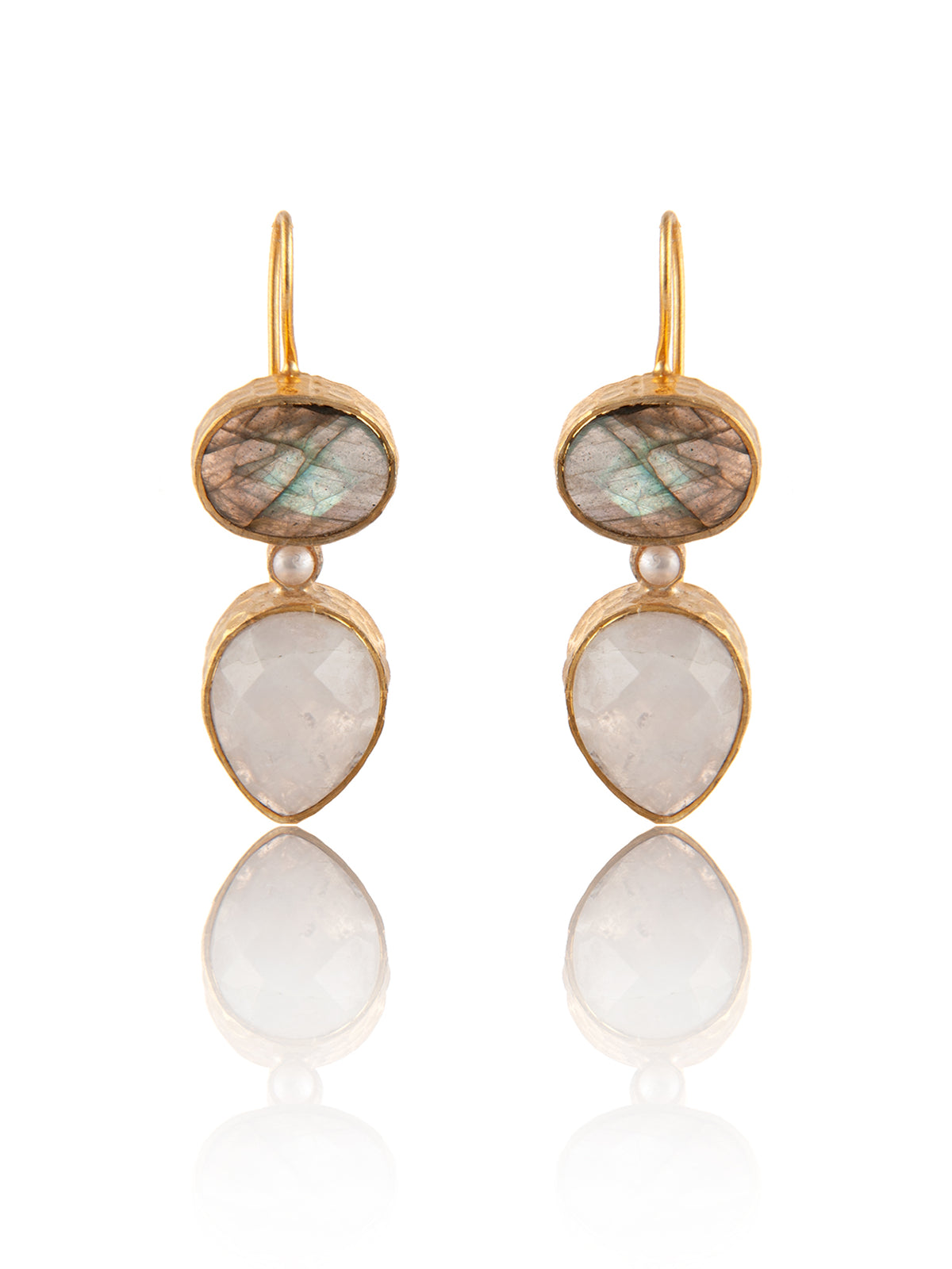 925 Sterling Silver Gold Plated Fish Hook Earrings with Labradorite and Rainbow Moonstone view 3