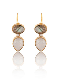 925 Sterling Silver Gold Plated Fish Hook Earrings with Labradorite and Rainbow Moonstone view 3