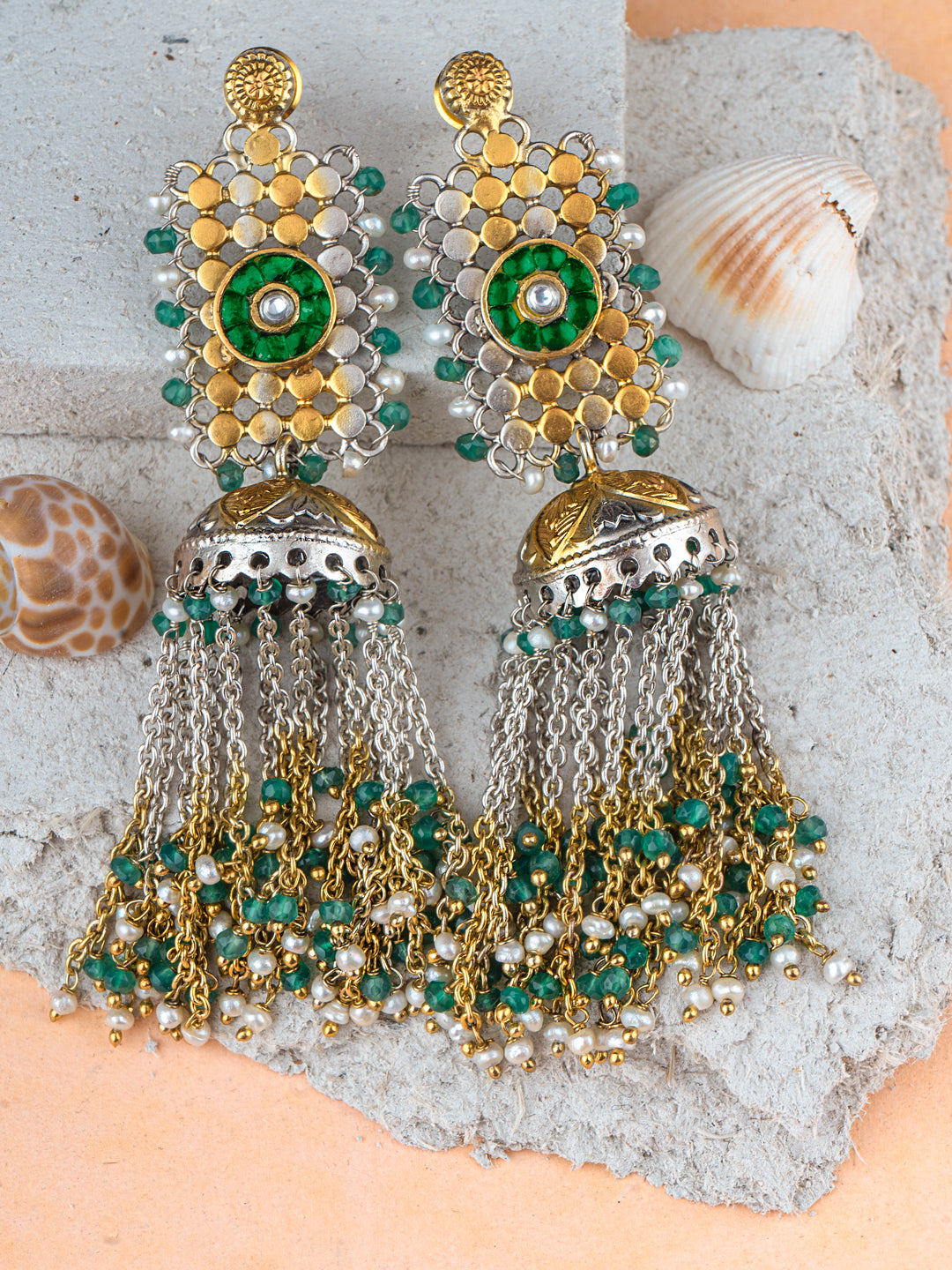 925 Sterling Silver Two Tone Jhumki with Kundan Motif view 3