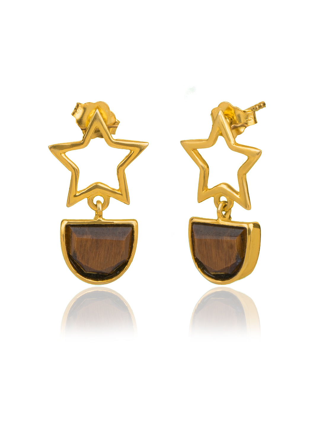 Gold Plated Star Studs with Tiger Eye view 1