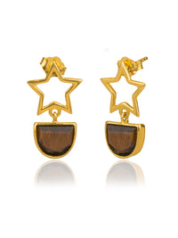 Gold Plated Star Studs with Tiger Eye view 1