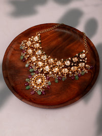 925 Sterling Silver 22K Gold Plated White Kundan Necklace With Green Quartz, Ruby and Pearl view 6