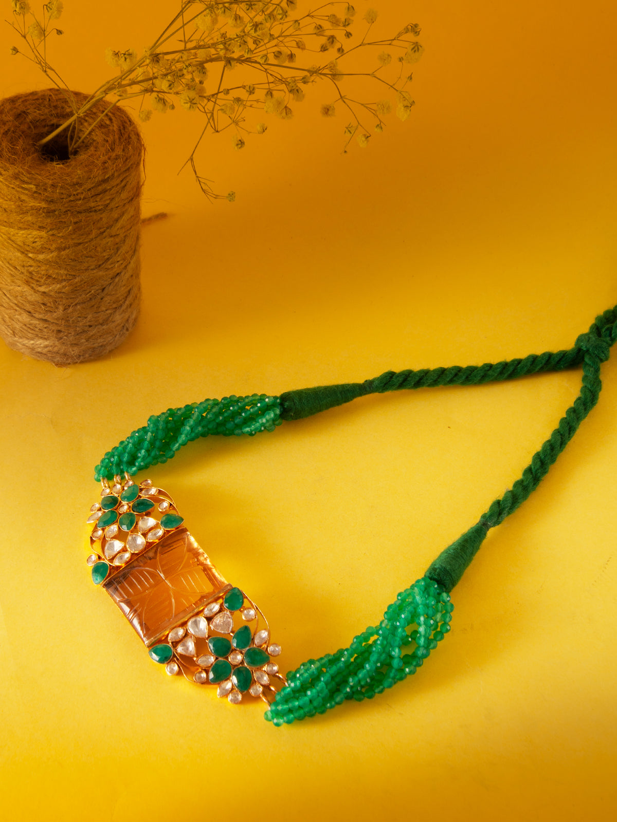Svarnam Moissanite Choker with Orange Carved Stone and Green Onyx view 1