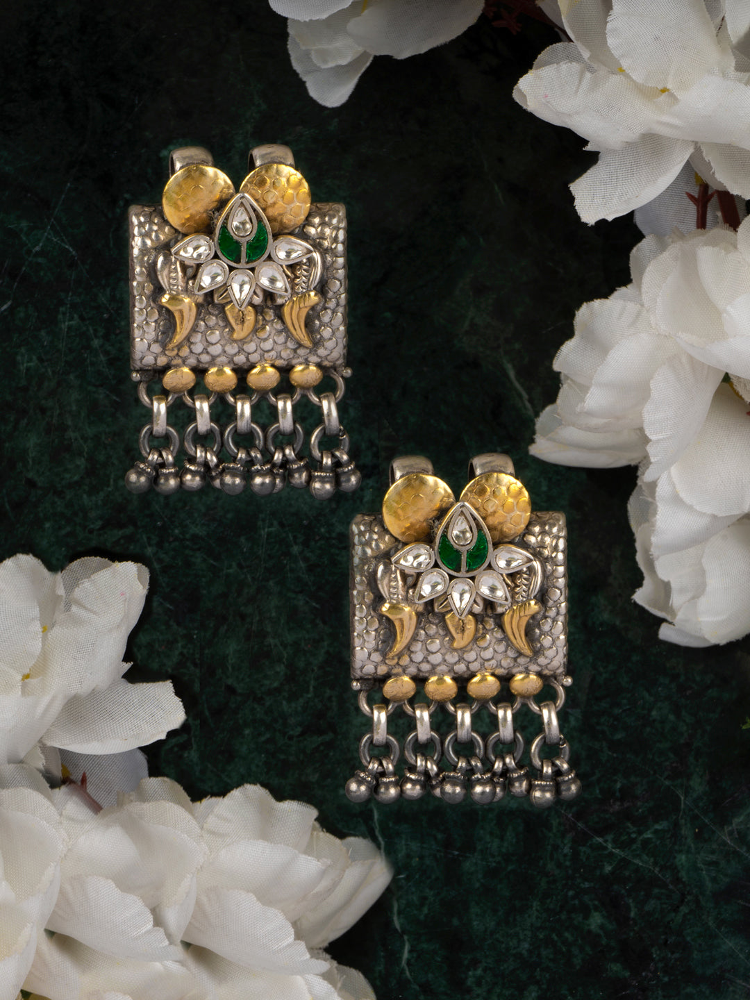 925 Sterling Silver Two Tone Twin Peacock Textured Earrings view 3