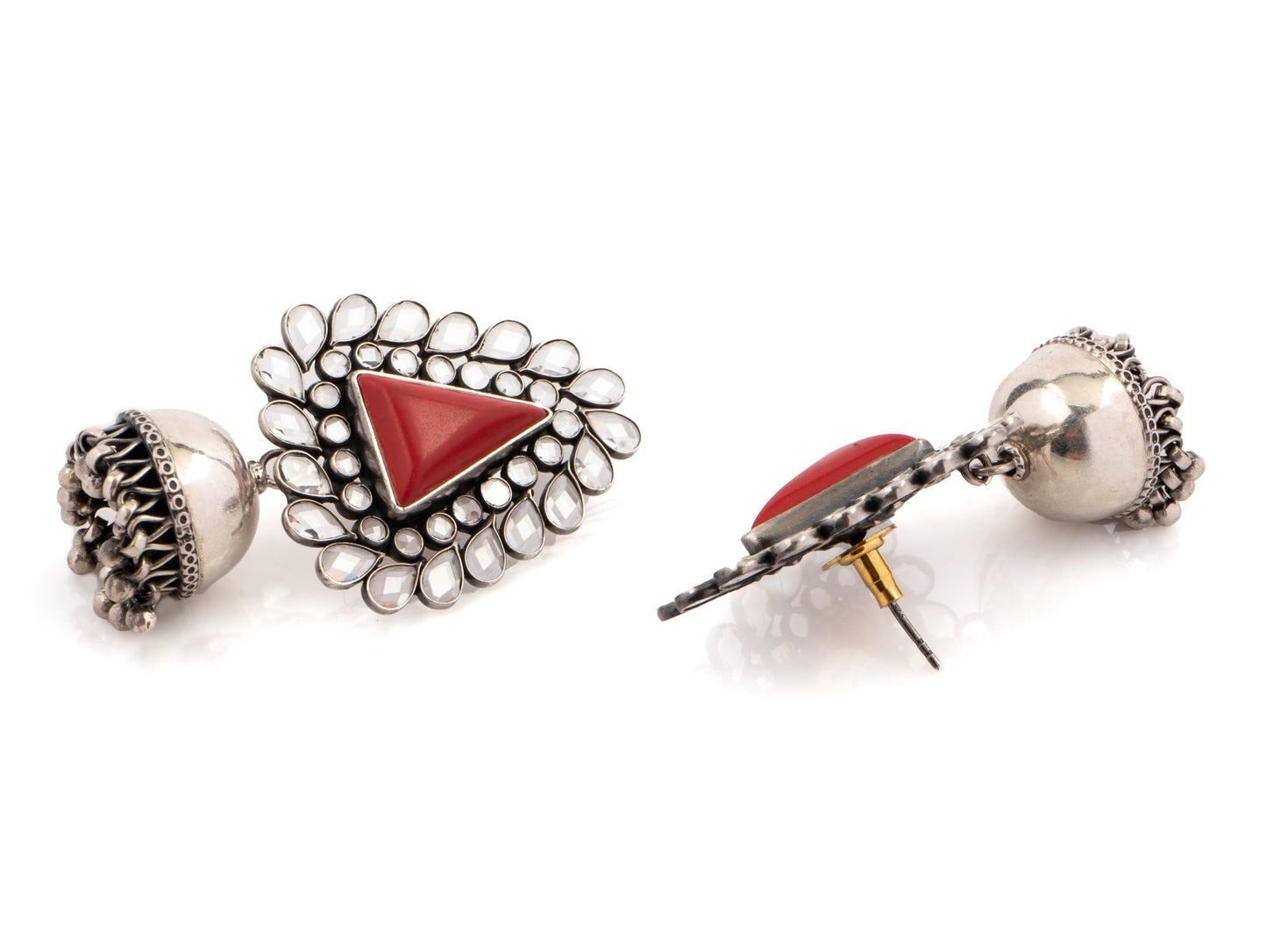 925 Sterling Silver Checker and Red Coral Jhumkis