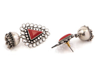 925 Sterling Silver Checker and Red Coral Jhumkis view 3