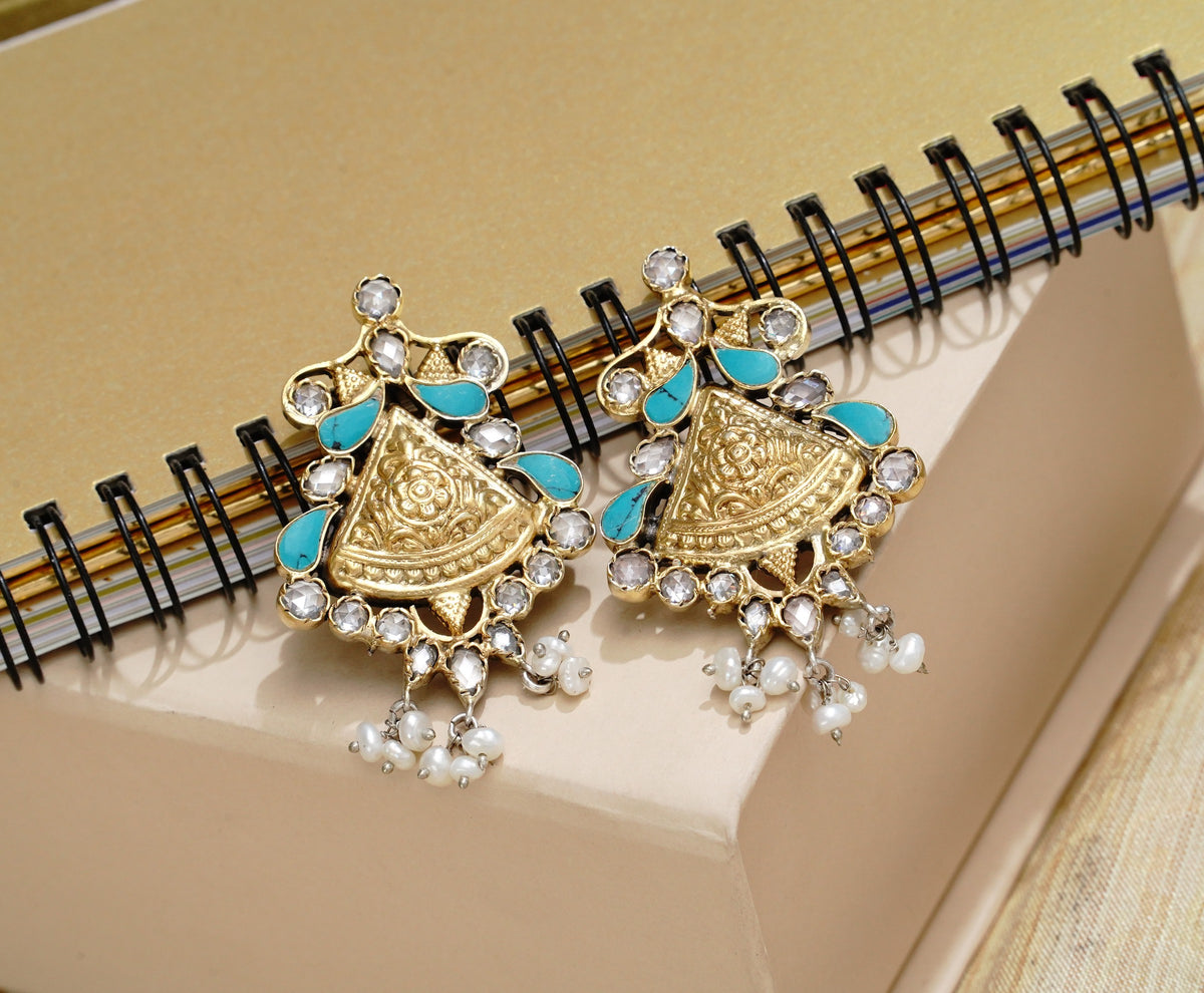 925 Silver Two Tone Earrings with Checker and Turquoise view 4