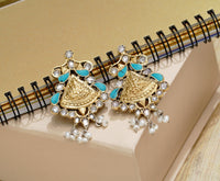 925 Silver Two Tone Earrings with Checker and Turquoise view 4
