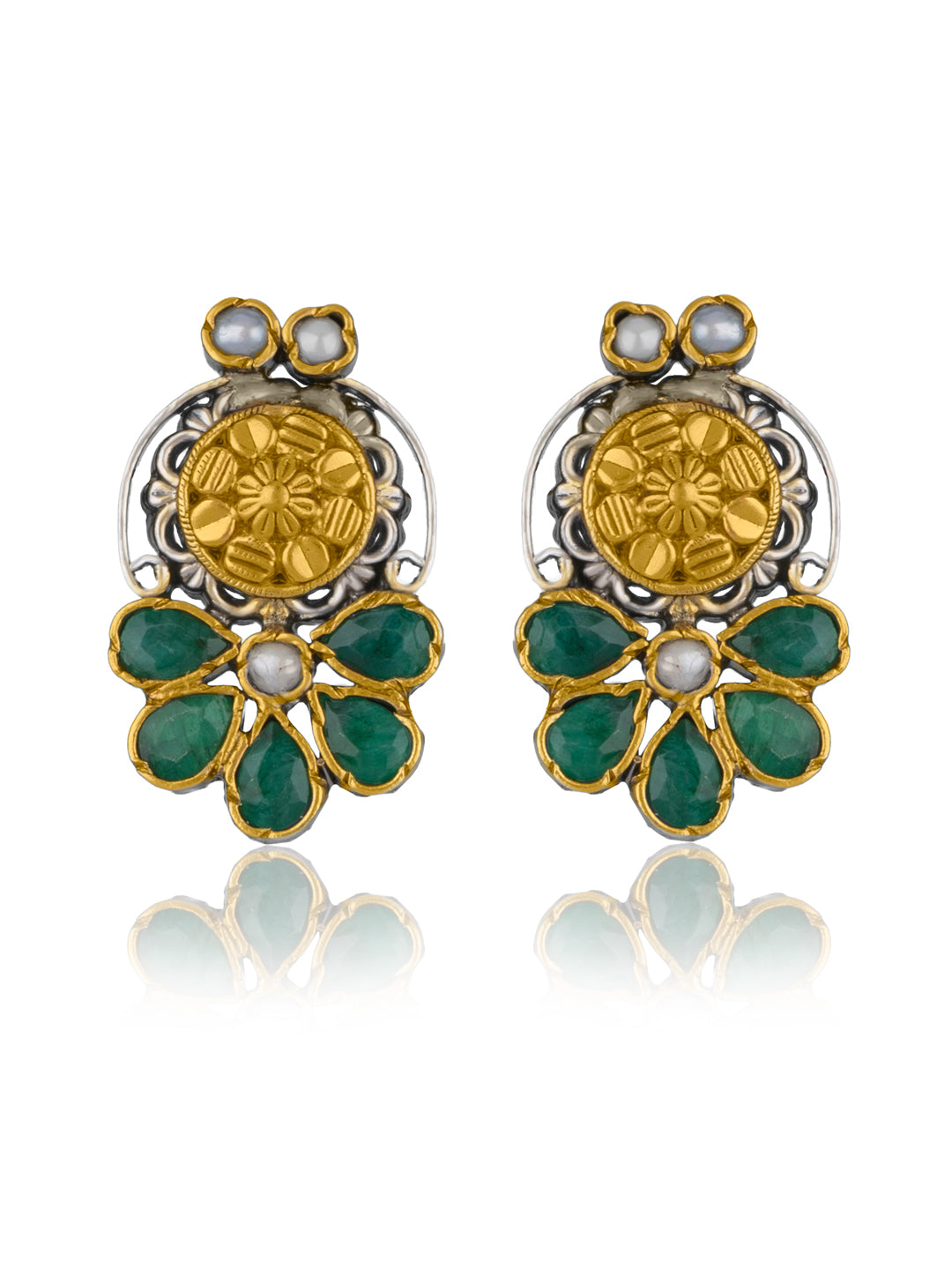 Half Flower Two Toned Intricate Studs with Kundan and Green Onyx view 1