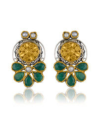 Half Flower Two Toned Intricate Studs with Kundan and Green Onyx view 1