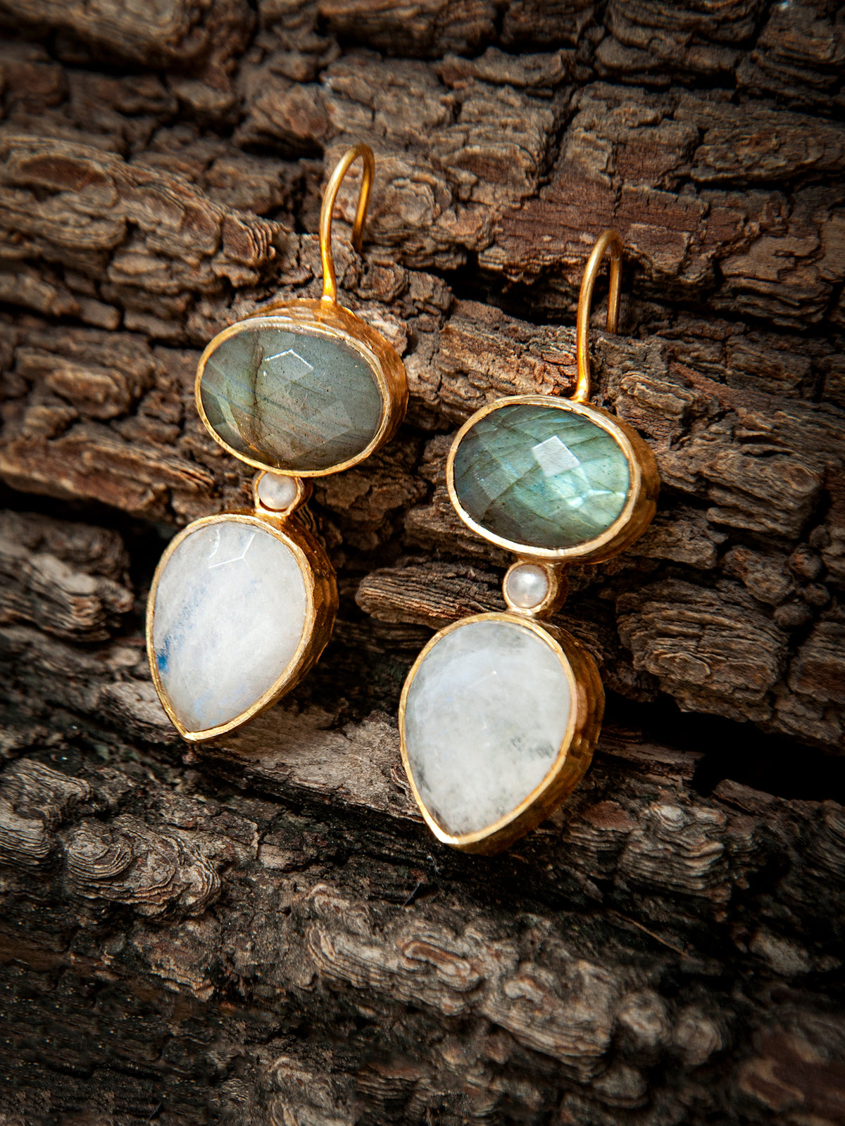 925 Sterling Silver Gold Plated Fish Hook Earrings with Labradorite and Rainbow Moonstone view 2