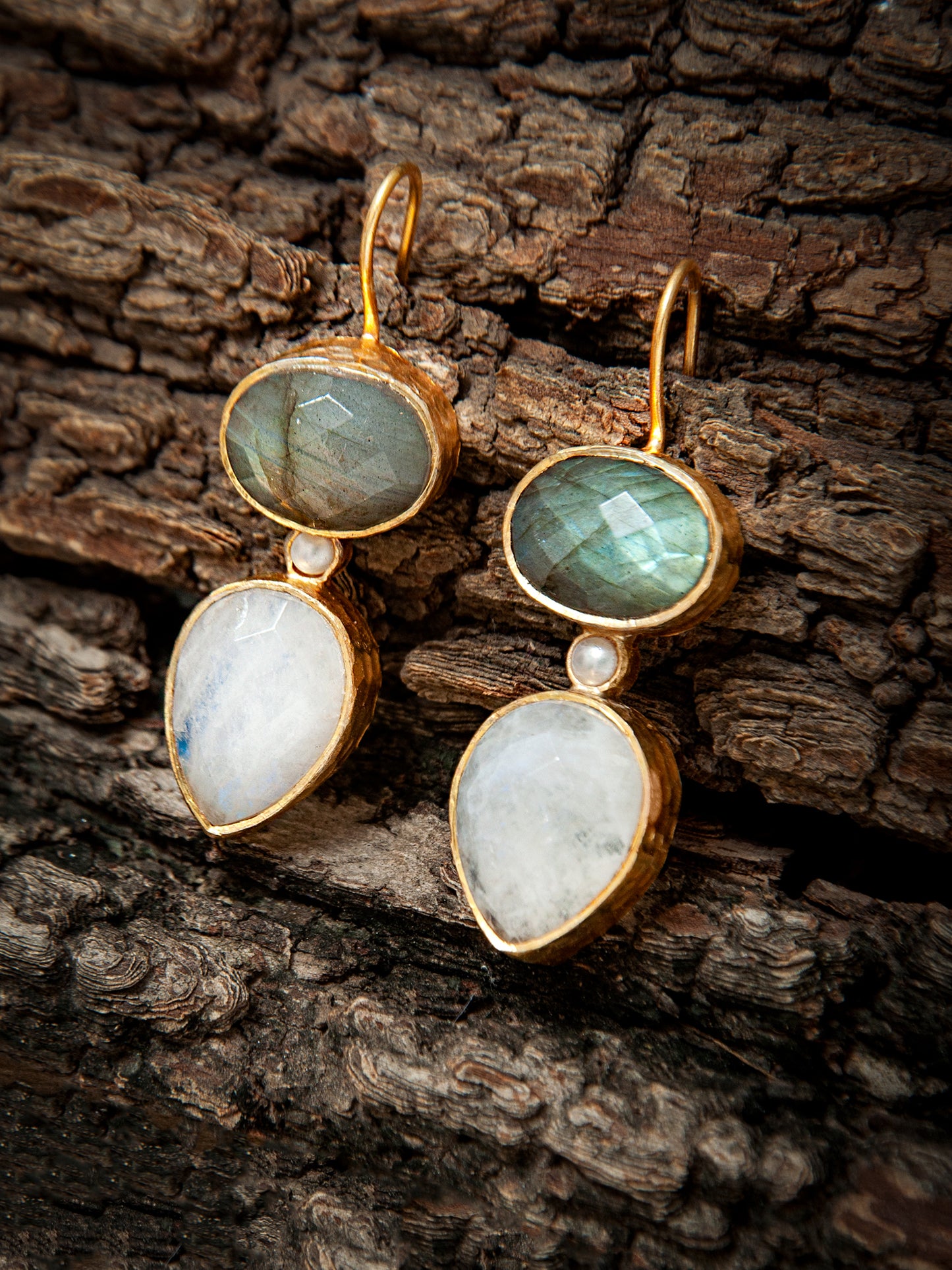 925 Sterling Silver Gold Plated Fish Hook Earrings with Labradorite and Rainbow Moonstone