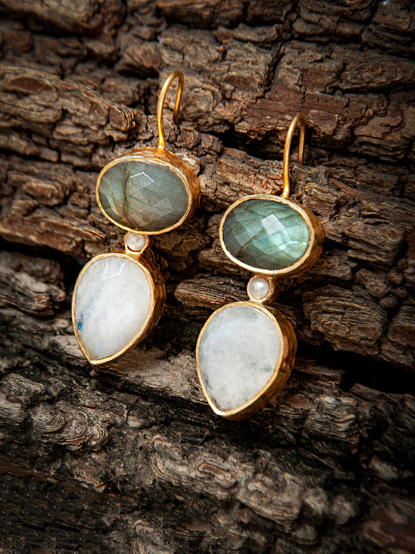925 Sterling Silver Gold Plated Fish Hook Earrings with Labradorite and Rainbow Moonstone alternate