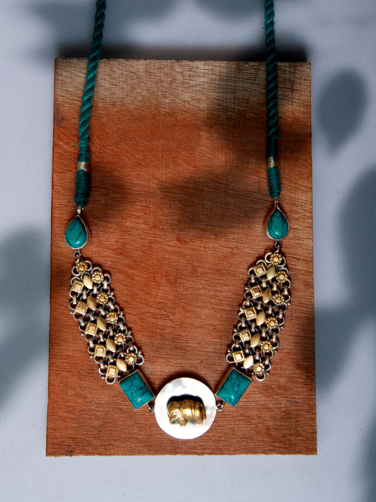 925 Sterling Silver Two Tone 22K Gold Plated Elephant Design Necklace With Turquoise Gemstone view 3
