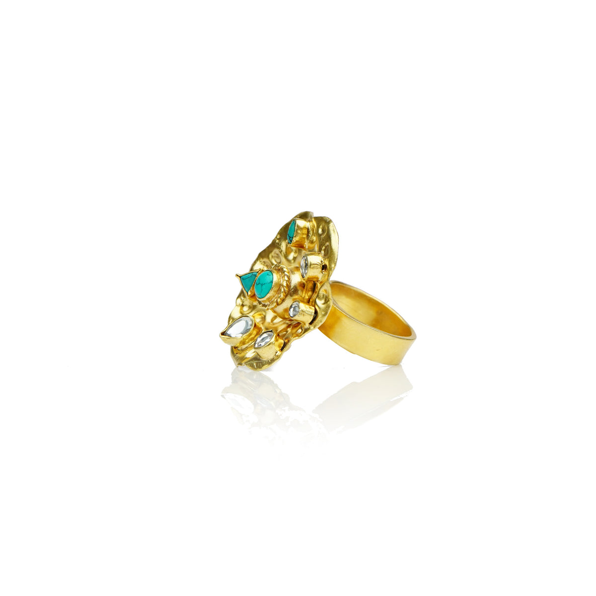 Silver Gold Plated Modern Ring with Turquoise and Kundan view 2