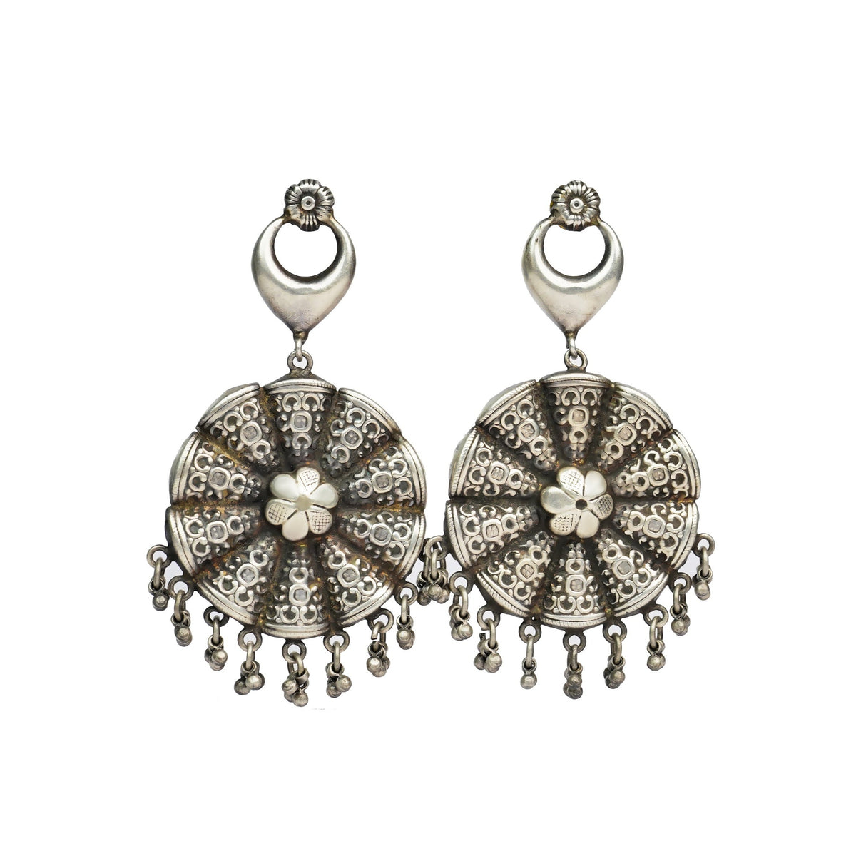 Silver Floral Rawa Earrings with Ghungroos view 1