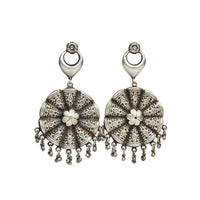 Silver Floral Rawa Earrings with Ghungroos view 1