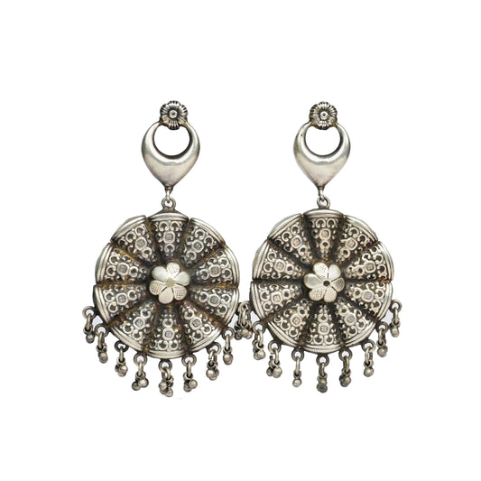 Silver Floral Rawa Earrings with Ghungroos - Neeta Boochra Jewellery