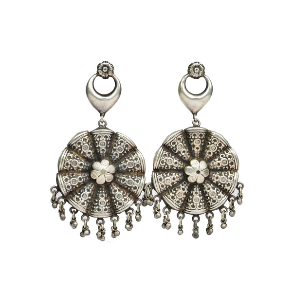 Silver Floral Rawa Earrings with Ghungroos