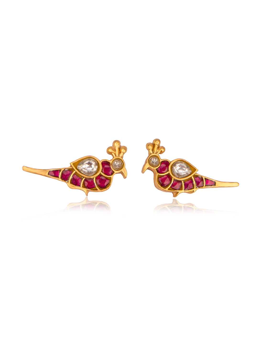 Red and White Kundan Small Peacock Studs view 1