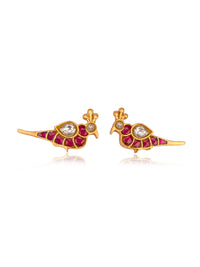 Red and White Kundan Small Peacock Studs view 1