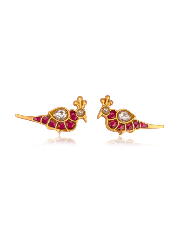 Red and White Kundan Small Peacock Studs