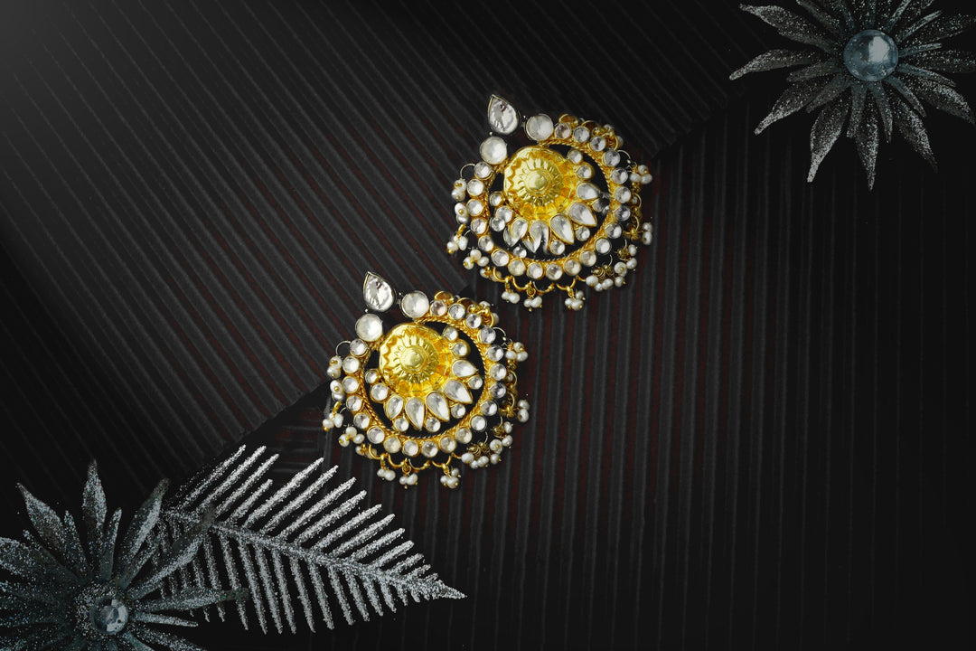 Silver Gold Plated Statement Chandbalis with Kundan and Pearls - Neeta Boochra Jewellery