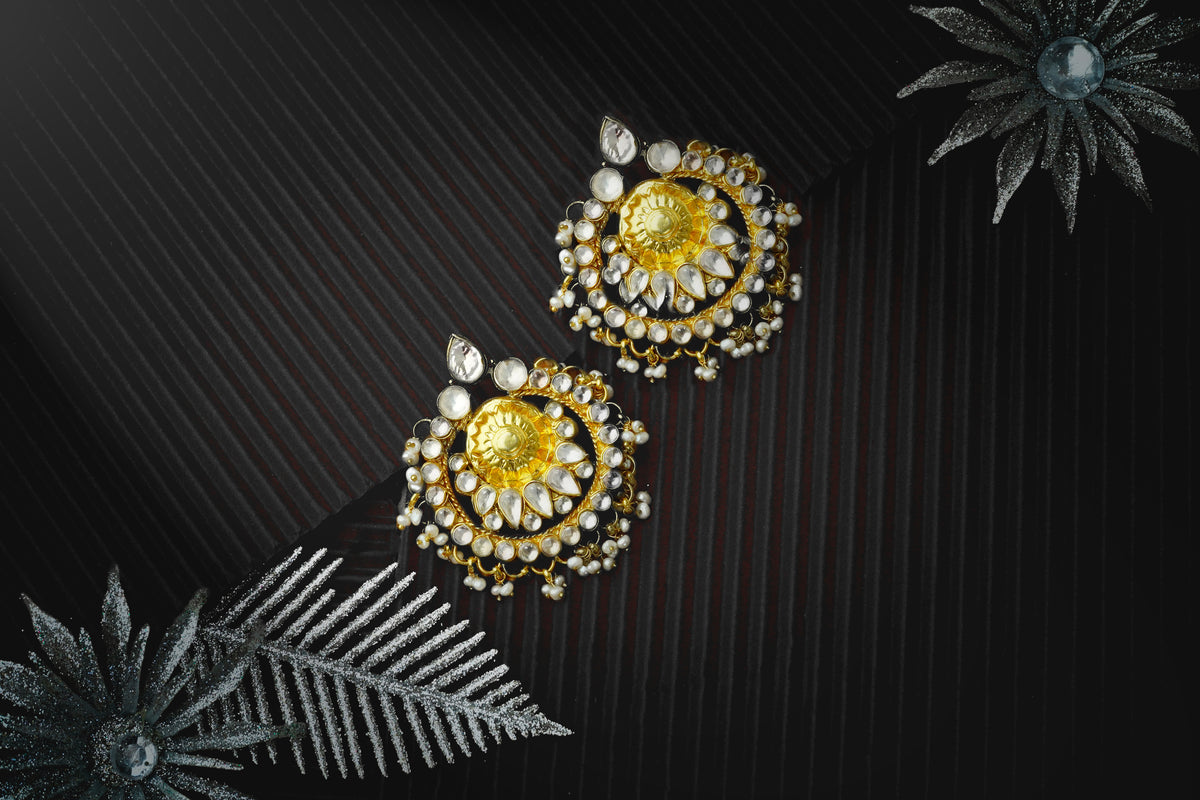Silver Gold Plated Statement Chandbalis with Kundan and Pearls view 3