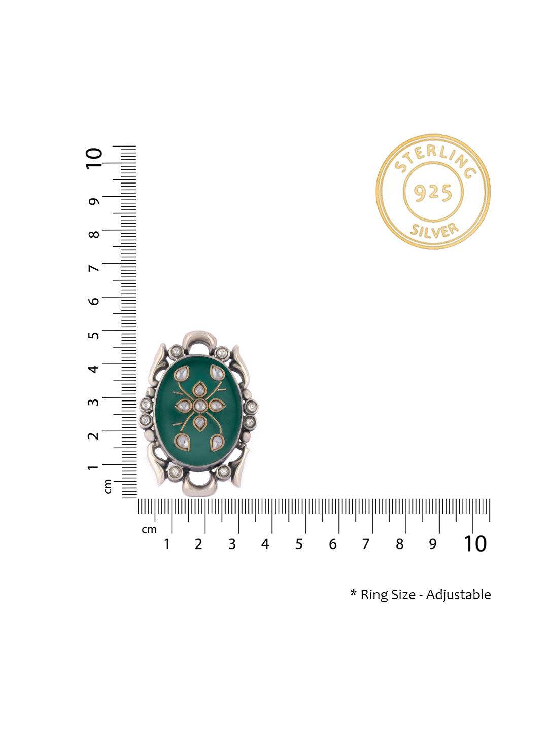 Green Onyx Adjustable Ring with Intricate Kundan Work on Gemstone view 3