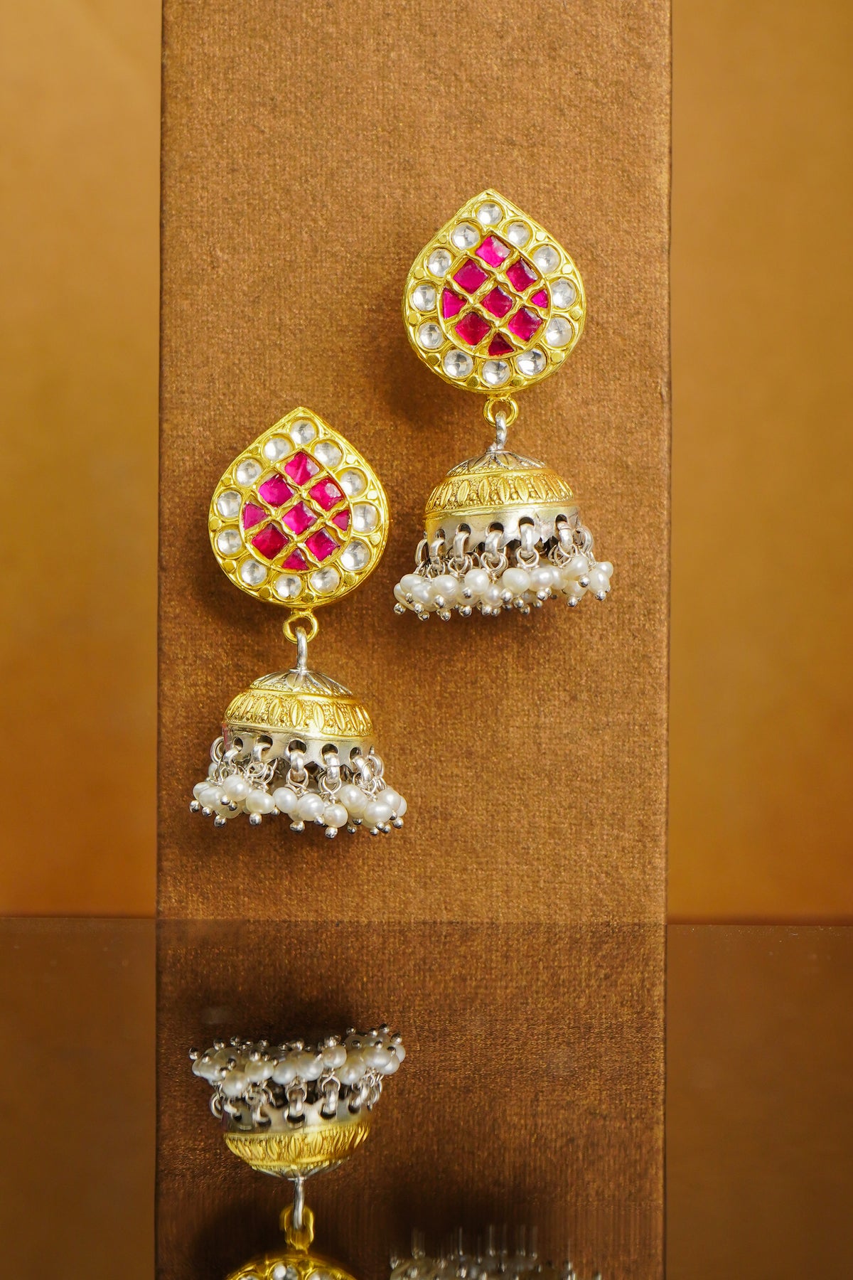 925 Silver Gold Plated White and Red Kundan Paan Jhumki Earrings view 3