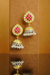 925 Silver Gold Plated White and Red Kundan Paan Jhumki Earrings view 3