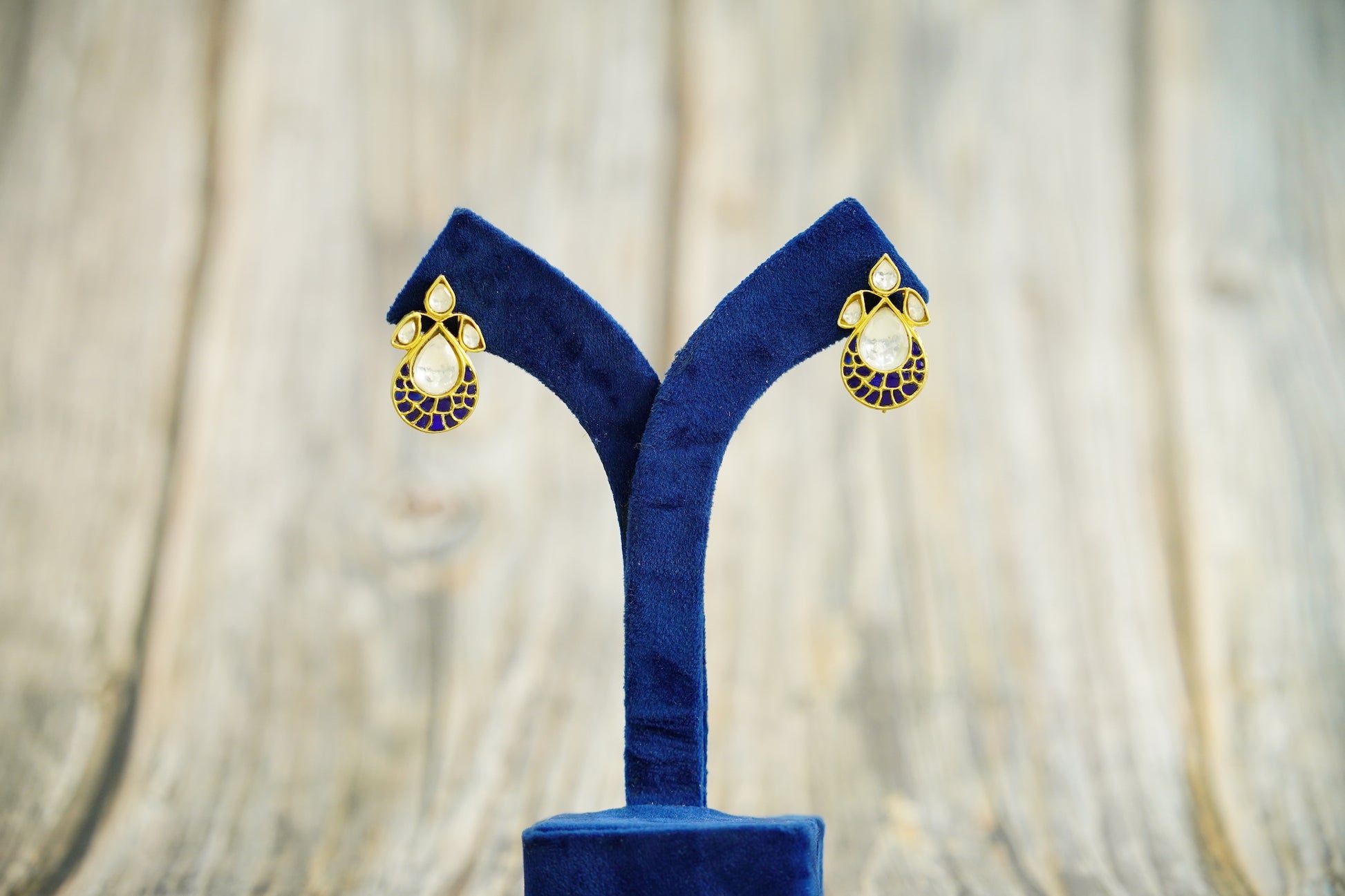 925 Silver Gold Plated Silver and Blue Kunan Studs - Neeta Boochra Jewellery