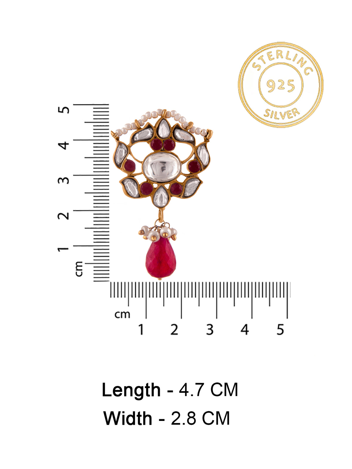 Silver Ruby Kundan Earrings with Drop view 5