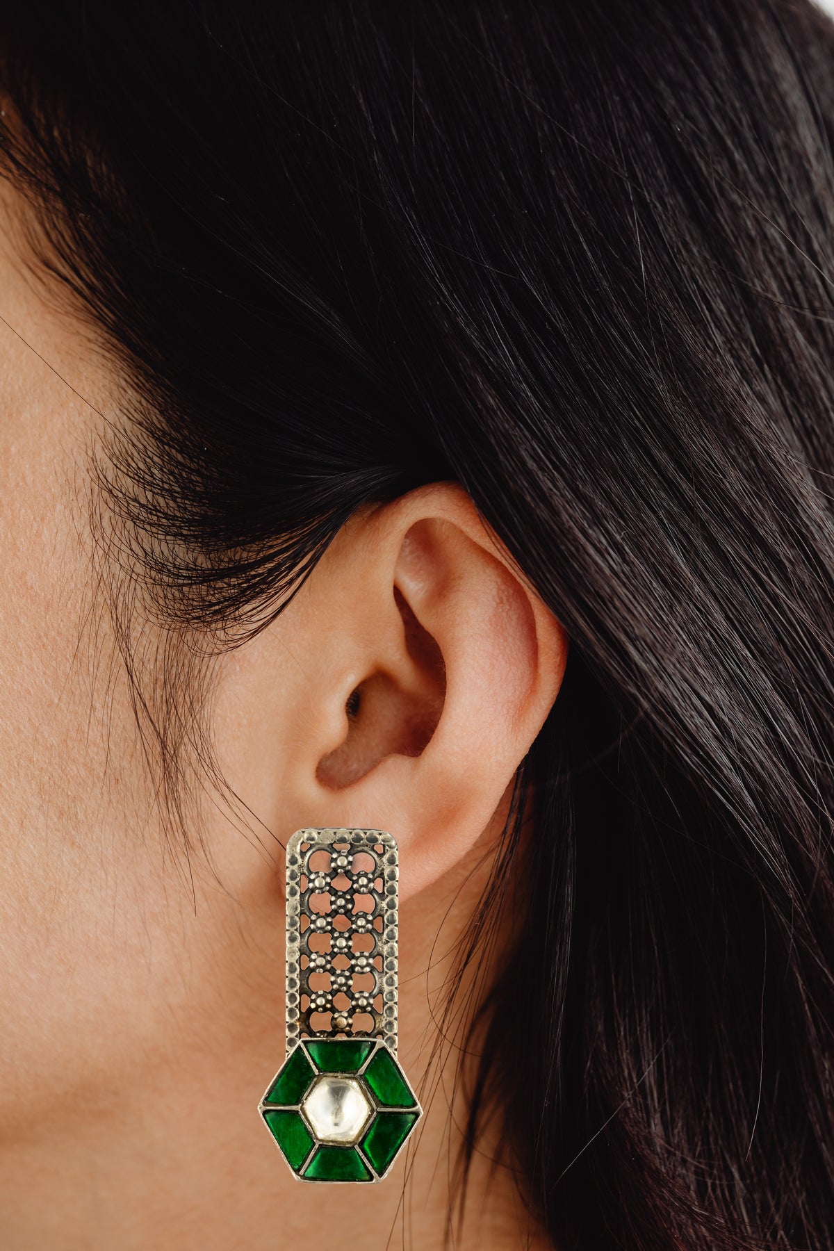 925 Sterling Silver Earrings with Green and White Kundan view 3